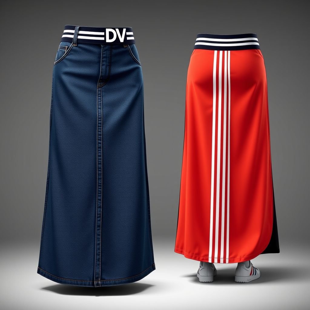 Make me a sporty skirt that looks like adidas, except add “DV” on it, put 2 stripes and make half of the skirt jean and the other half stretchy. The skirt should be long
Design a long sporty skirt that combines style and comfort, inspired by Adidas. The left side features durable denim with intricate stitching, while the right side showcases a vibrant, stretchy fabric for ease of movement. Boldly emblazon the initials “DV” on the waistband, and add two classic stripes running vertically.