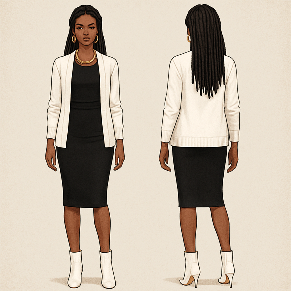 Black shirt
Tight Pencil skirt
White cardigan
White boot heels
Faux locs
Gold chain gold earrings
Black shirt
Tight Pencil skirt
White cardigan
White boot heels
Faux locs
Gold chain gold earrings
, show front and back