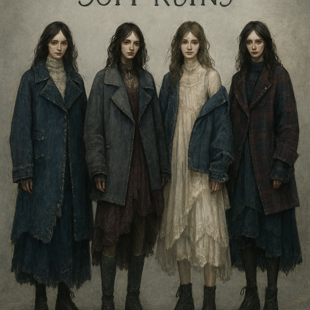 A winter fashion collection called "Soft
Ruins" — inspired by the contrast between roughness and poetry.
The aesthetic combines grunge and delicate femininity: raw denim textures, distressed seams, visible hand-stitching, and rough layering mixed with lace, sheer fabrics, and soft light materials.
The mood is melancholic but elegant — like old architecture covered in frost, where decay meets beauty.
Use oversized silhouettes, asymmetric cuts, and layered details.
Main fabrics: denim, leather, lace, organza, wool, and plaid.
Color palette: deep indigo, graphite gray, ivory, burgundy, and touches of gold.
Style it as a poetic grunge winter collection
- emotional, textured, and softly dramatic.
A winter fashion collection called "Soft
Ruins" — inspired by the contrast between roughness and poetry.
The aesthetic combines grunge and delicate femininity: raw denim textures, distressed seams, visible hand-stitching, and rough layering mixed with lace, sheer fabrics, and soft light materials.
The mood is melancholic but elegant — like old architecture covered in frost, where decay meets beauty.
Use oversized silhouettes, asymmetric cuts, and layered details.
Main fabrics: denim, leather, lace, organza, wool, and plaid.
Color palette: deep indigo, graphite gray, ivory, burgundy, and touches of gold.
Style it as a poetic grunge winter collection
- emotional, textured, and softly dramatic.
