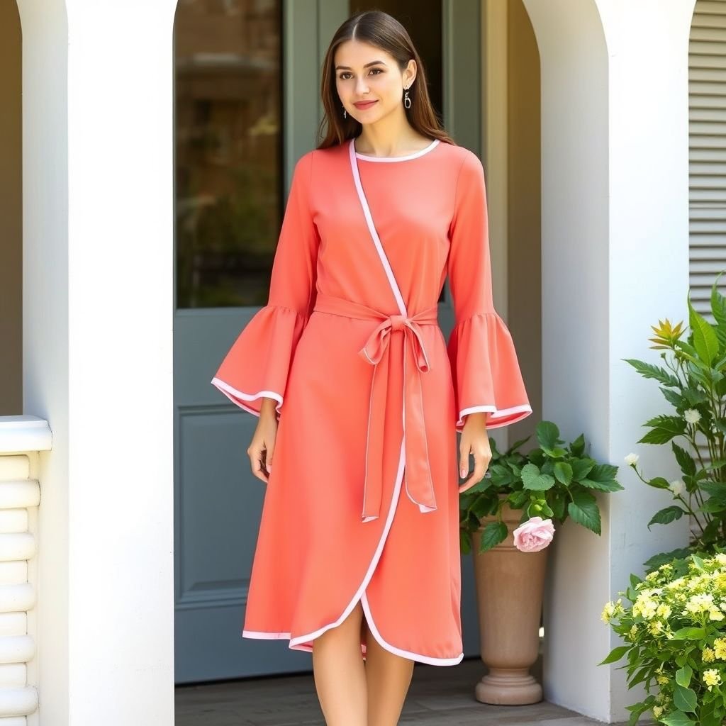 Round neck Long bell sleeve wrap dress in the color melon with a light pink trim outlining the whole dress and a pink tie waist bow
Design a stunning round neck long bell sleeve wrap dress in vibrant melon, embodying summer elegance. The light pink trim delicately outlines the dress, enhancing its playful silhouette. A soft pink tie waist bow accentuates the figure, creating a flattering shape. Ideal for garden parties, this dress radiates effortless charm and femininity.