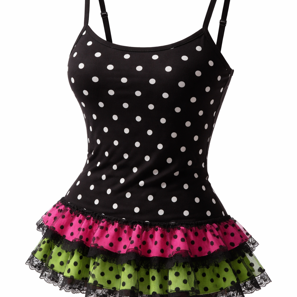 pretty black form fitting cotton tank top with white polka dots with lace ruffle layers at the bottom. a hot pink with black polka dots layer, and a bright green with black polka dots layer. a little edgy
Korean Fashion fashion design: Black form-fitting cotton tank top with white polka dots, featuring tiered lace ruffles at the bottom for a delicate touch. The ruffles include a hot pink and black polka dot layer, and a bright green and black polka dot layer, adding a playful, subtly edgy contrast.