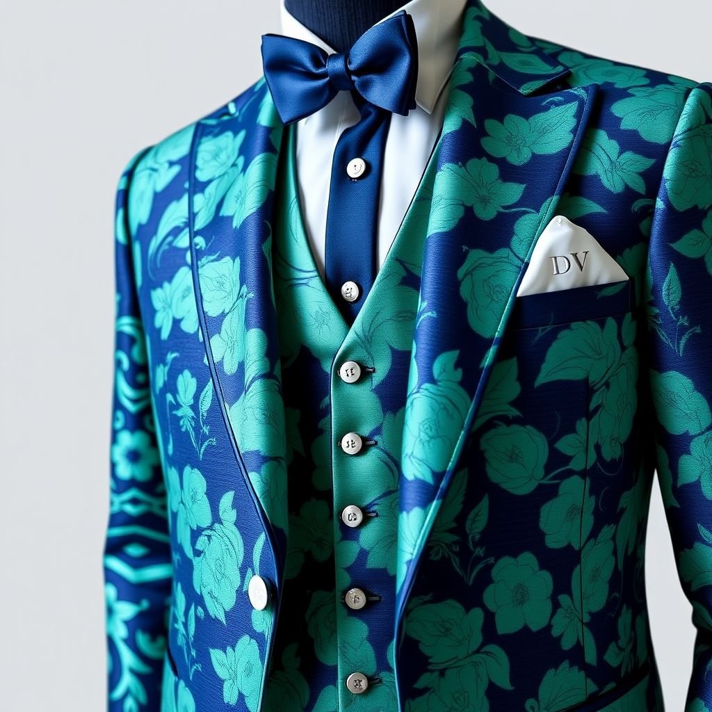 men’s suit. 3 peice blue and mint green patterned tuxedo suit.. Put “DV” somewhere on it
Design an elegant three-piece tuxedo suit for men, featuring a striking interplay of deep blue and mint green patterns. The sophisticated fabric boasts subtle floral motifs, enhancing its lavish appeal. Accentuate with pristine white accents. Incorporate the initials "DV" elegantly embroidered on the inner lining, exuding refined luxury and personalized style.
