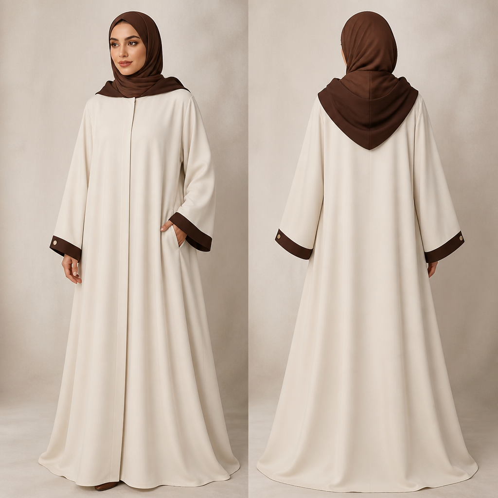 “Create a premium Turkish-style modern habaaya made from luxury off-white Nida fabric. The dress has a flowing A-line silhouette, hidden chest zipper, coffee-brown cufflinks, oversized coffee-brown hoodie attached at the neckline, and a coffee-brown chiffon petty veil connected inside the hoodie. The veil covers the head and neck only while leaving the face visible. Elegant, modest, realistic fashion design, boutique quality, front and back views, professional fashion illustration, high-detail
photorealistic fashion design, “Create a premium Turkish-style modern habaaya made from luxury off-white Nida fabric. The dress has a flowing A-line silhouette, hidden chest zipper, coffee-brown cufflinks, oversized coffee-brown hoodie attached at the neckline, and a coffee-brown chiffon petty veil connected inside the hoodie. The veil covers the head and neck only while leaving the face visible. Elegant, modest, realistic fashion design, boutique quality, front and back views, professional fashion illustration, high-detail, middle_eastern style, just the design no text, show front and back