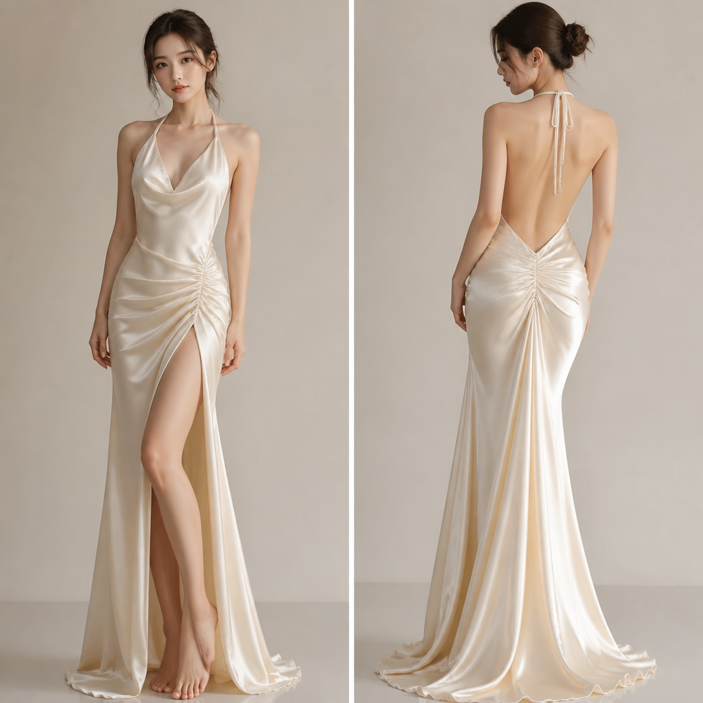A Female Dress design, made of Satin, for Beach, suitable for Summer, in Elegant + Korean Fashion + Designer style
photorealistic fashion design, A Female Dress design, made of Satin, for Beach, suitable for Summer, in Elegant + Korean Fashion + Designer style, elegant style, just the design no text, show front and back