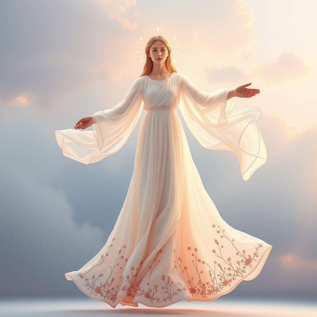 “Create a vision of Jesus Christ standing in radiant glory at dawn on a mountaintop, surrounded by soft clouds and golden light. His eyes reflect infinite love and mercy, and His presence brings peace to every soul that sees Him. His robe is pure white, flowing with light, and around Him shines a gentle halo that pulses like the heartbeat of Heaven. The wind moves gently, and wildflowers bloom beneath His feet. The sky behind Him shifts with soft hues of pink, blue, and gold—like the colors of grace itself. In His hand is a shepherd’s staff, and behind Him, the outline of a cross, faint but powerful, rising with the sun. The atmosphere is full of awe, worship, and holy silence—the kind of beauty that makes the soul fall to its knees.”
Design a flowing, ethereal gown inspired by the vision of Jesus Christ at dawn. The fabric should shimmer like soft clouds, in hues of white, pink, and gold, mimicking the gentle light of dawn. Adorn it with delicate wildflower embroidery along the hem, symbolizing peace and grace. Incorporate a radiant halo-like headpiece, echoing the heavenly light surrounding Him, while the shoulders drape with sheer, layered chiffon that catches the wind. Each movement should evoke tranquility, inviting wearers to embody compassion and warmth, as if basking in divine love.