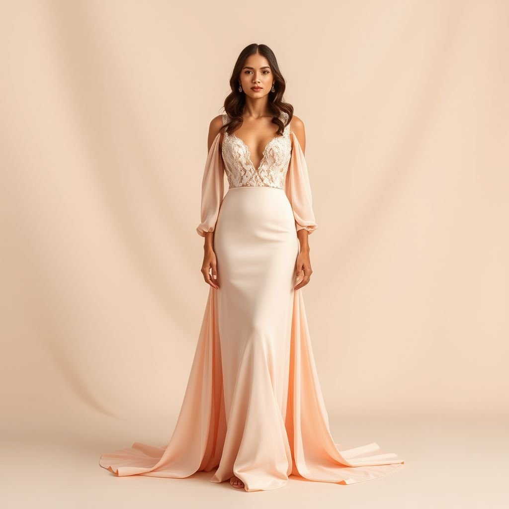 Comfortable, simple, elegant and beautiful
Design a luxurious gown that seamlessly combines comfort and simplicity with elegant beauty. Imagine soft, flowing fabrics in muted pastel tones, tailored to drape gracefully around the body. Incorporate delicate lace accents and subtle embellishments, creating a refined silhouette that exudes sophistication, perfect for an evening gala or a sophisticated daytime event.