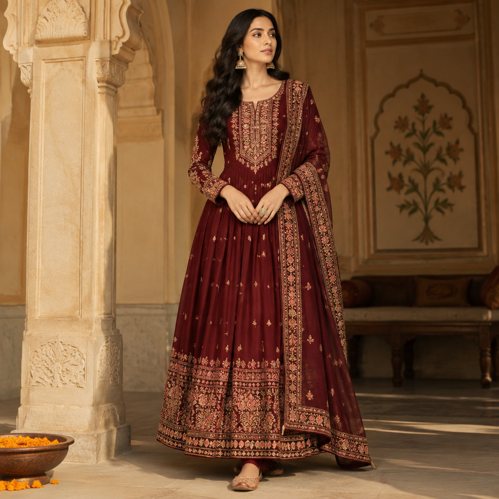 A Female Dress design, suitable for Fall. Consider Indian fashion aesthetics — consider saree, lehenga, salwar kameez, kurti, anarkali; local fabrics like chanderi, banarasi, chikankari, block prints; vibrant colors and rich embroidery. Current season is Autumn in India. Present it as professional fashion catalogue photography: the garment is the subject, shown full-length with editorial styling, neutral posing and tasteful, non-suggestive framing.
photorealistic fashion design, A Female Dress design, suitable for Fall. Consider Indian fashion aesthetics — consider saree, lehenga, salwar kameez, kurti, anarkali; local fabrics like chanderi, banarasi, chikankari, block prints; vibrant colors and rich embroidery. Current season is Autumn in India. Present it as professional fashion catalogue photography: the garment is the subject, shown full-length with editorial styling, neutral posing and tasteful, non-suggestive framing., just the design no text