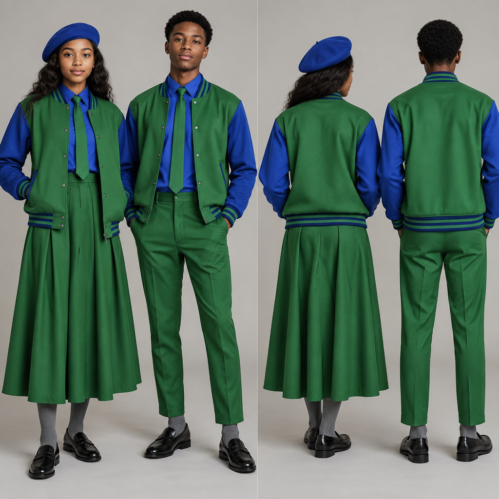photorealistic fashion design, A Male Top design, with modest, full coverage: longer hemlines, higher necklines and covered shoulders, suitable for Spring. Design a green baseball jacket with blue accents. Green arms. For male and female. Use black teenagers as models
A fit flare dress top half blue and bottom half green, covering chest area completely, almost reaching ankles. Blue barrett, green tie and grey socks for the female.
A green relaxed trouser, reaching ankles. A blue shirt, green tie and grey socks for the male.
Nice black school shoes for both. Both must be wearing baseball jacket. Use shamrock green. Use cobalt blue Present it as professional fashion catalogue photography: the garment is the subject, shown full-length with editorial styling, neutral posing and tasteful, non-suggestive framing., just the design no text, show front and back. Refinement: Use normal green
photorealistic fashion design, photorealistic fashion design, A Male Top design, with modest, full coverage: longer hemlines, higher necklines and covered shoulders, suitable for Spring. Design a green baseball jacket with blue accents. Green arms. For male and female. Use black teenagers as models
A fit flare dress top half blue and bottom half green, covering chest area completely, almost reaching ankles. Blue barrett, green tie and grey socks for the female.
A green relaxed trouser, reaching ankles. A blue shirt, green tie and grey socks for the male.
Nice black school shoes for both. Both must be wearing baseball jacket. Use shamrock green. Use cobalt blue Present it as professional fashion catalogue photography: the garment is the subject, shown full-length with editorial styling, neutral posing and tasteful, non-suggestive framing., just the design no text, show front and back. Refinement: Use normal green , just the design no text