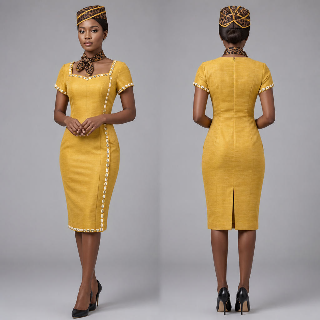 Robe hôtesse tissue jaune or avec cauris Et un chapeau style hôtesse e l’air motif panthere noir marron et un petit foulard motif panthere au cou
photorealistic fashion design, Robe hôtesse tissue jaune or avec cauris Et un chapeau style hôtesse e l’air motif panthere noir marron et un petit foulard motif panthere au cou, business style, just the design no text, show front and back