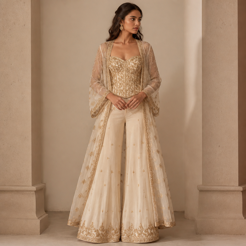 A Female Dress design, suitable for Summer, in Traditional style. plazo with corset and shrug. India fashion aesthetics.
photorealistic fashion design, A Female Dress design, suitable for Summer, in Traditional style. plazo with corset and shrug. India fashion aesthetics., traditional style, just the design no text
