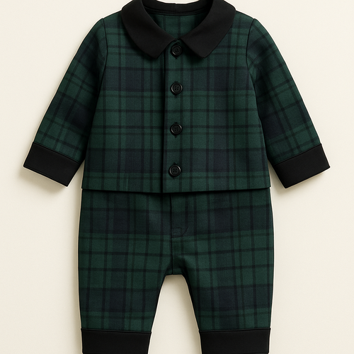 Baby suits of boy one-year-old
チェック模様、緑と紺
襟と袖数センチと裾数センチを黒色に
