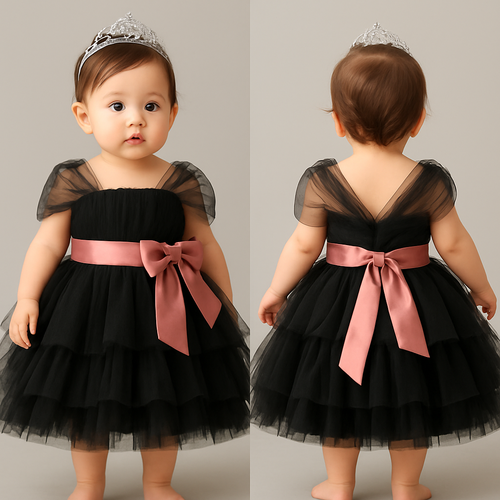 1歳の女の子のベビードレス着用画
黒のチュールドレス、膝丈のラッフルスカート（ボリューミー）
上半身は、細かいギャザーを寄せたベアトップのチュールのボディス
その上から同一色のチュールショルダーラップ、肩から膝上までをふんわり巻き付けるように
胸下の切り返しにローズピンクのサテン生地の太めのリボンを前から一周巻いて、真ん中ではなく、左前あたりで大きくリボン縛り

リボンの結び目は前

頭には派手すぎないシルバーのティアラ