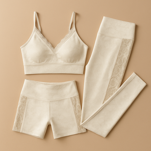 Activewear set in technical satin material: V-cross leggings with long side lace panels and matching bra with thin lace edging on neckline and shoulders. Soft ivory tone, refined floral pattern, perfect blend of sport and couture elegance, warm minimal background.”