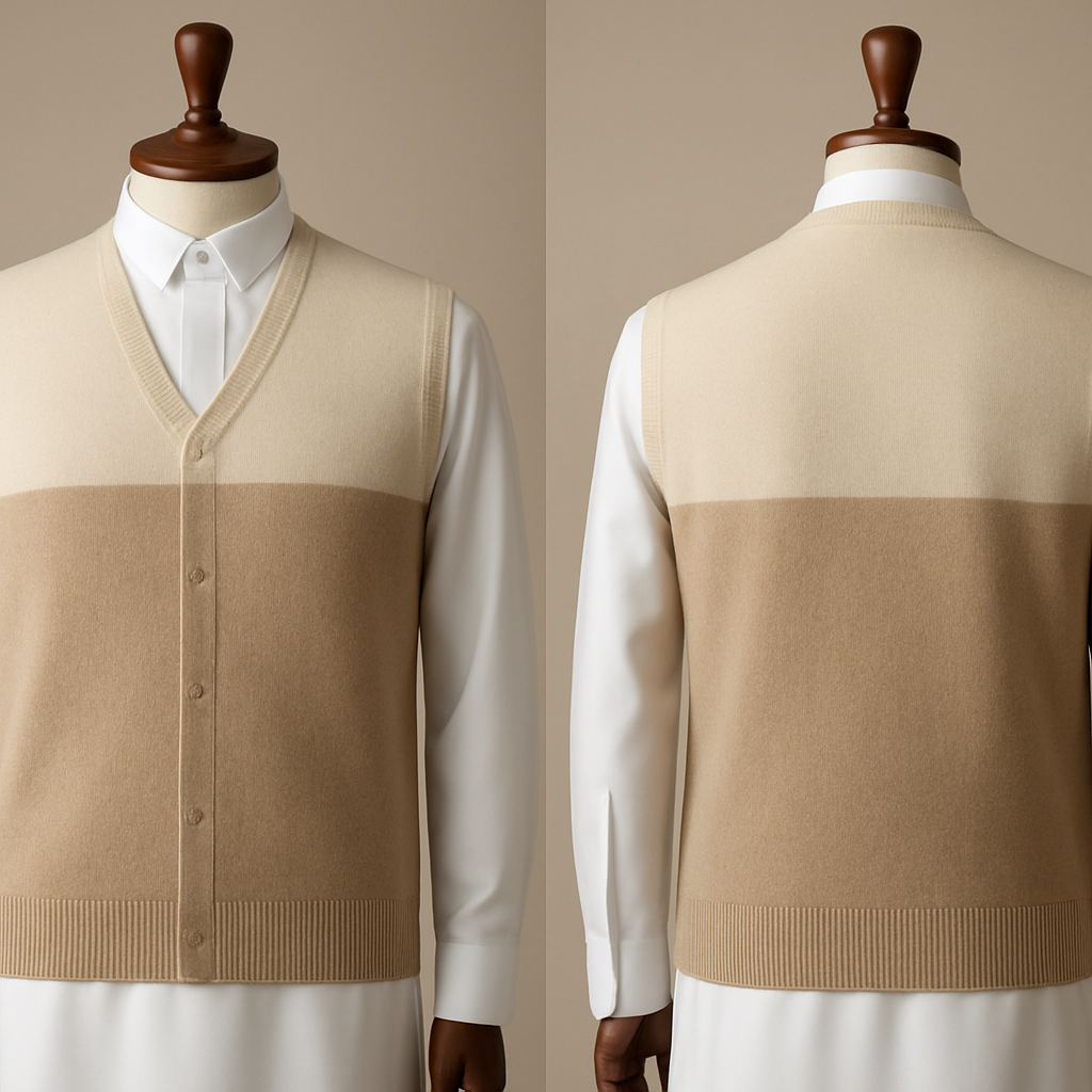 Prompt 1 — Minimal Classic (Ivory / Warm Beige)
Photorealistic two-tone cashmere vest with a clean V-neck and horizontal chest color split; top Ivory and bottom Warm Beige; ultra-fine matte cashmere texture, 1cm narrow ribbing, hidden buttons; subtle tonal jacquard inside collar; worn over a pristine white Saudi thobe visible underneath; displayed on an elegant polished wooden mannequin; soft studio lighting; neutral seamless background; editorial fashion photography, high-detail fabric.
Prompt 1 — Minimal Classic (Ivory / Warm Beige)
Photorealistic two-tone cashmere vest with a clean V-neck and horizontal chest color split; top Ivory and bottom Warm Beige; ultra-fine matte cashmere texture, 1cm narrow ribbing, hidden buttons; subtle tonal jacquard inside collar; worn over a pristine white Saudi thobe visible underneath; displayed on an elegant polished wooden mannequin; soft studio lighting; neutral seamless background; editorial fashion photography, high-detail fabric., show front and back