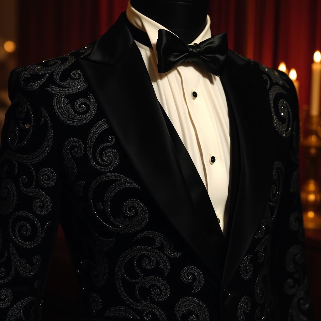 Black beaded velvet suit jacket with plain velvet waist coat, white shirt and black beaded bow-tie
Envision an opulent evening ensemble: a black beaded velvet suit jacket featuring intricate, swirling patterns that shimmer under candlelight. The plain velvet waistcoat adds a touch of refinement, perfectly complementing the crisp white shirt. Finish with a matching black beaded bow-tie, exuding elegance, sophistication, and a whimsical charm for soirées.