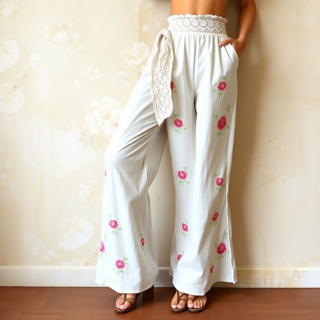 Padelefon summer Pants removal self tie lace belt cotton light
Design a pair of vintage pastel cotton summer pants featuring a high-waisted silhouette and delicate, embroidered floral patterns. Incorporate a self-tie lace belt with intricate lace detailing, evoking the charm of the 1960s. Complete the look with wide leg cuffs, ensuring comfort and elegance reminiscent of classic retro styles.