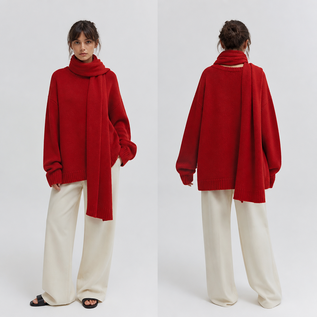 A Female Dress design, suitable for Summer. красный свитер оверсайз женский теплый, а на шее повязка такая же длинная
photorealistic fashion design, A Female Dress design, suitable for Summer. красный свитер оверсайз женский теплый, а на шее повязка такая же длинная, just the design no text, show front and back