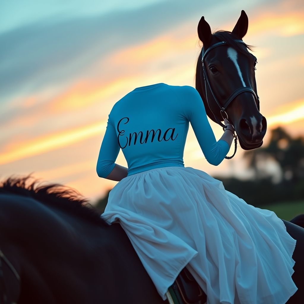 Blue shirt with the words Emma on them with girl in beautiful white floaty, dress rearing on black stallion, horse and teal green and and blue background sunset on the front of a tight shirt with tighten ball sides
Design a snug, azure top featuring the name "Emma" in elegant, swirling script. Pair it with a dreamlike, ethereal white dress that billows gracefully as the model rides a majestic black stallion. The backdrop showcases a stunning teal and blue sunset, blending the soft hues of dusk with the energy of the equestrian scene. The tight shirt has unique, gathered sides that accentuate the silhouette, embodying a fusion of boldness and femininity.