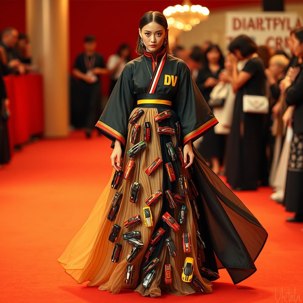Create me a unique long dress with hot wheel cars hanging from it, with a race car outfit look.met gala dress. But I want it to be modest I want the arms and legs covered. and empowers a Met Gala look. Put “DV” on it somewhere
Design a striking long dress inspired by Japanese street fashion, incorporating a blend of traditional and modern elements. The dress should feature a layering of lightweight, flowing fabrics adorned with vibrant Hot Wheels cars cascading from the hem. Design wide, kimono-style sleeves and a high neckline for coverage, adding a bold “DV” emblem. Embellish with racing stripes and patterns, embodying high-energy race car aesthetics while ensuring a modest yet empowering Met Gala presence.