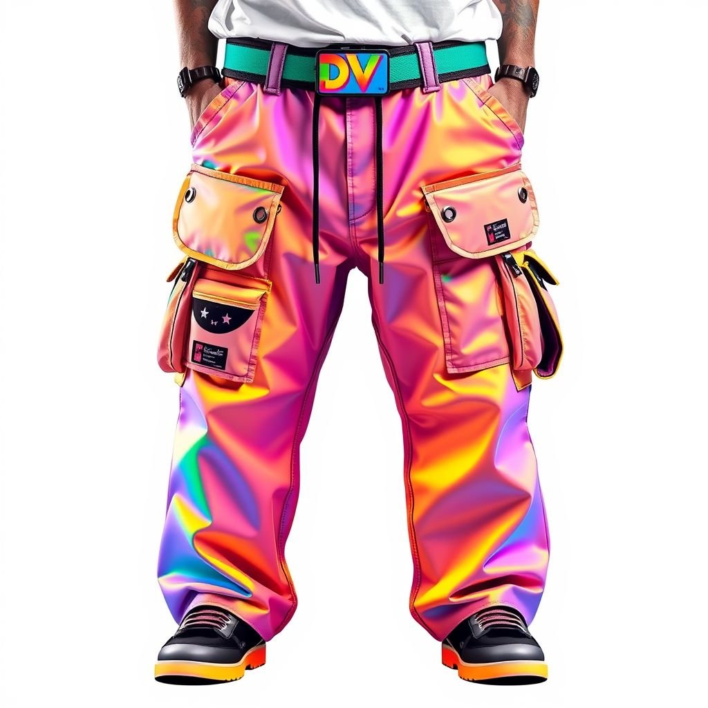 Men cargo pants, with pockets, and a belt that says “DV” on it
Design a pair of oversized men’s cargo pants in vibrant, iridescent colors, epitomizing Y2K fashion. Incorporate multiple utility pockets adorned with playful patches and neon trims. The wide waistband features a bold, stylish belt emblazoned with “DV” in a retro font, completing the nostalgic, tech-inspired streetwear aesthetic of the early 2000s.