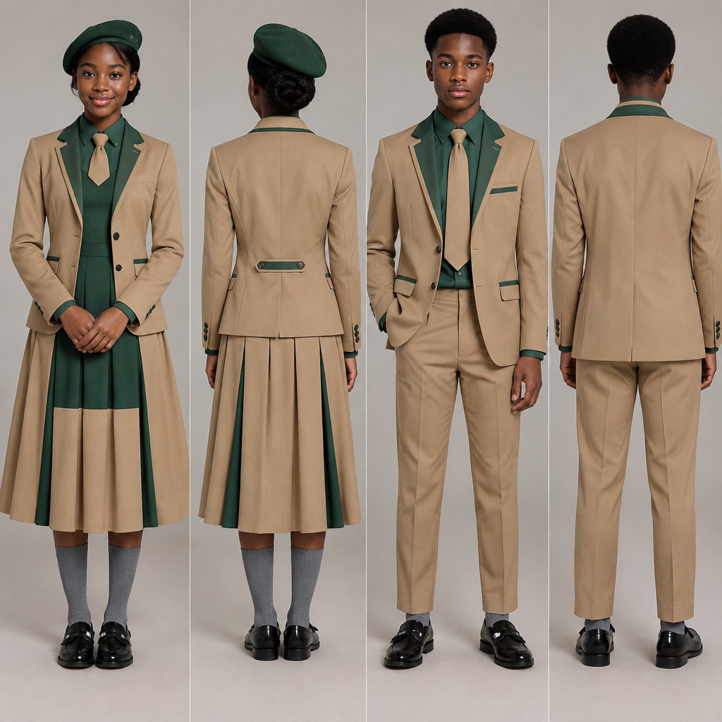 photorealistic fashion design, Design a light brown blazer with green accents for both male and female. Light brown arms .No writings on the blazer . Use black teenagers as models. show back and front face.
A fit and flare dress top half green and bottom half light brown,covering chest area,almost reaching ankles. Green barrett, light brown tie and grey socks for the female.
A light brown relaxed trouser reaching ankles. Green shirt,light brown tie and grey socks for the male.
Nice black school shoes for both. Both must be wearing blazer.. Design with modest coverage. Present it as professional fashion catalogue photography: the garment is the subject, shown full-length with editorial styling, neutral posing and tasteful, non-suggestive framing., just the design no text, show front and back. Refinement: bit more accents
photorealistic fashion design, photorealistic fashion design, Design a light brown blazer with green accents for both male and female. Light brown arms .No writings on the blazer . Use black teenagers as models. show back and front face.
A fit and flare dress top half green and bottom half light brown,covering chest area,almost reaching ankles. Green barrett, light brown tie and grey socks for the female.
A light brown relaxed trouser reaching ankles. Green shirt,light brown tie and grey socks for the male.
Nice black school shoes for both. Both must be wearing blazer.. Design with modest coverage. Present it as professional fashion catalogue photography: the garment is the subject, shown full-length with editorial styling, neutral posing and tasteful, non-suggestive framing., just the design no text, show front and back. Refinement: bit more accents , just the design no text