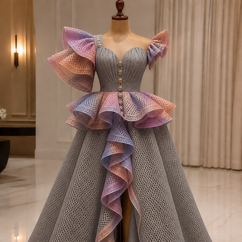 Use touch of coloful organza fabric with beautiful tie and dye and a grey netted hole aso oke
edit the attached fashion design with these instructions: Use touch of coloful organza fabric with beautiful tie and dye and a grey netted hole aso oke. keep it photorealistic, just the design no text