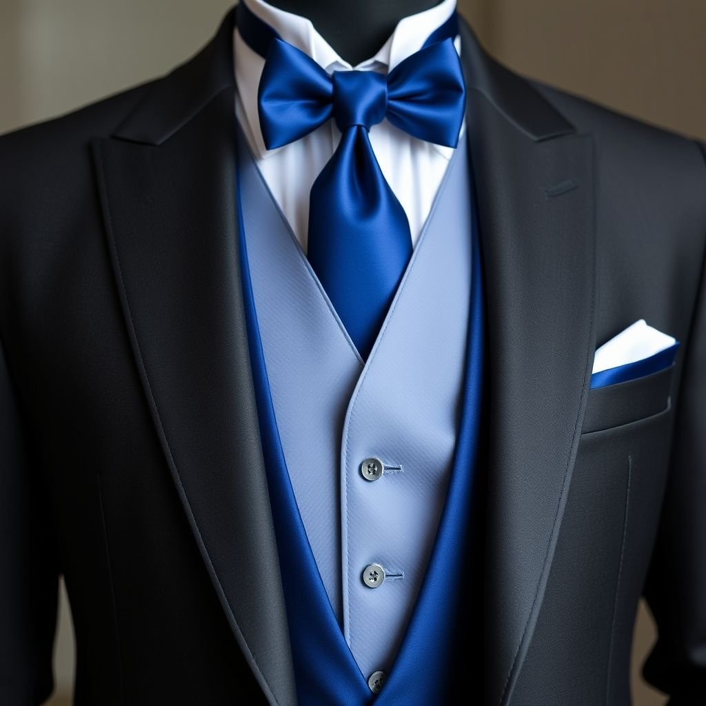dark Grey wedding tuxedo jacket with a deep sapphire blue vestand tie and white shirt
Envision a sleek dark grey wedding tuxedo jacket, meticulously tailored for a polished silhouette. Layered beneath, a luxurious deep sapphire blue vest adds a striking contrast, paired with an elegant matching tie. Complete the ensemble with a crisp white shirt, featuring subtle textured detailing, ensuring a refined and sophisticated formal look perfect for celebration.
