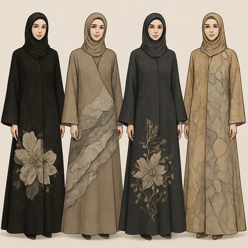 Create a modest abaya that's the first of its kind, featuring a unique stone design that exudes a classy and sophisticated vibe. I'd like four designs, each showcasing different styles and fabrics.Incorporate high-end, unique chic stone designs to make them truly special. And add little cute touch of sophisticated stone designs. Add huge flower and unique designs.