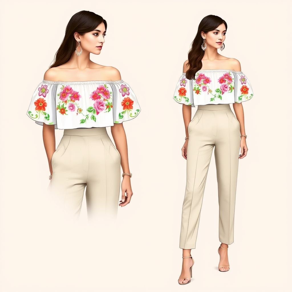 A crop top with zip on the shoulder which if removed will
transform into an elegant off-the-shoulder top. The crop top features intricate floral embroidery in vibrant hues, evoking a garden in spring. Paired with high-waisted, tailored trousers, the outfit blends casual and chic. Accessories include statement earrings and strappy heels, making it perfect for day-to-night transitions, effortlessly embodying modern femininity.