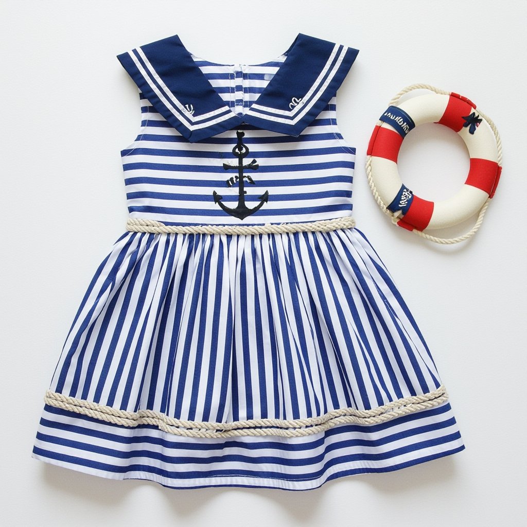 Creat a kid dress
Nautical fashion: Kids' cotton dress, navy and white stripes, sailor collar, anchor embroidery, rope detail on waist.
