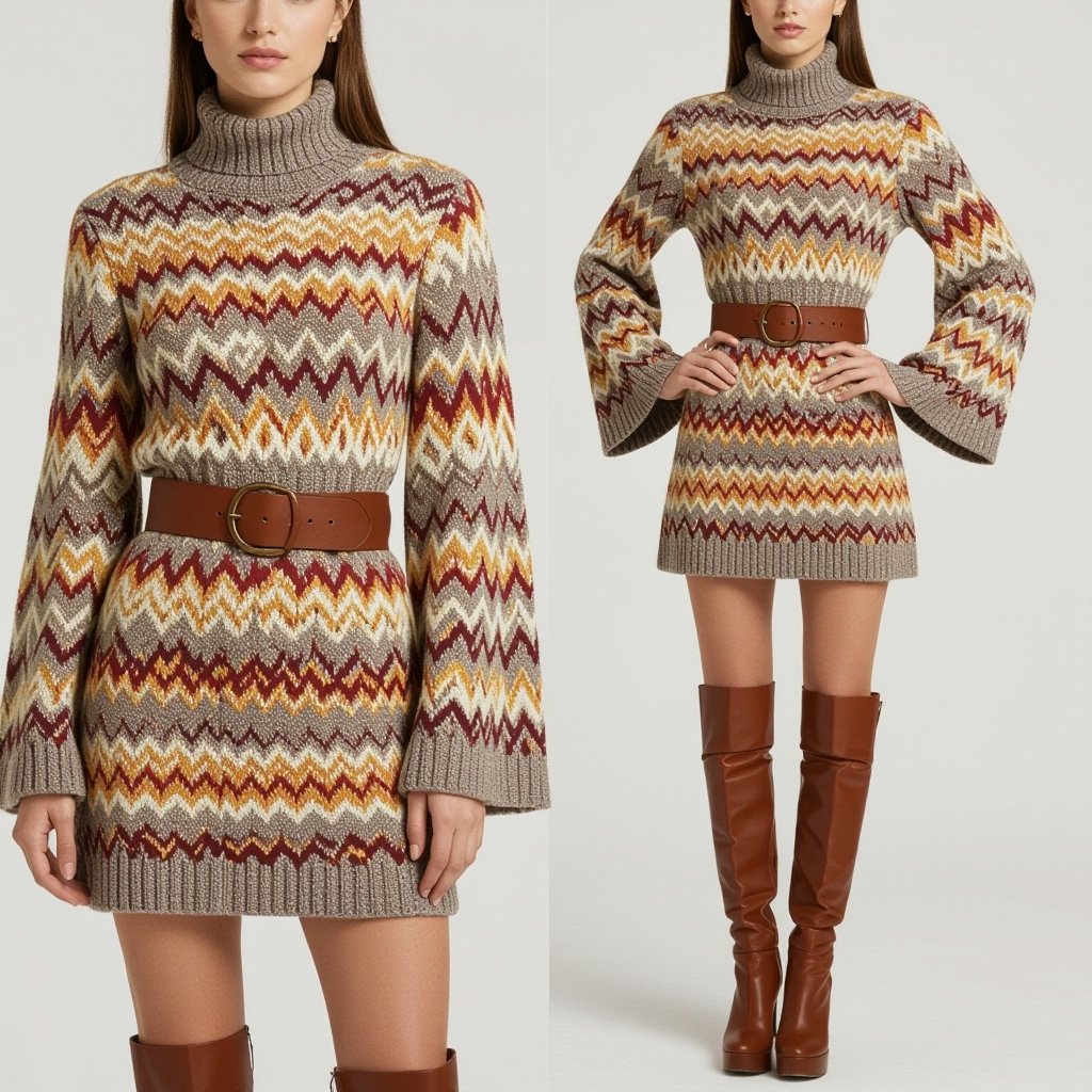 Dress from the 70s like but dressed fashionably like today’s fashion
70s-inspired knitted A-line mini dress with a ribbed turtleneck and long bell sleeves, cinched with a wide leather belt, paired with knee-high platform boots.