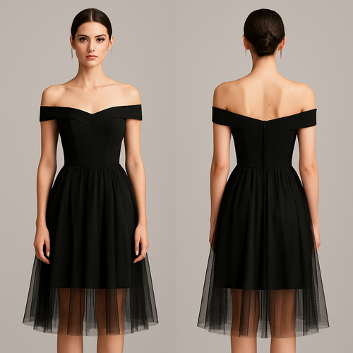 Black Off shoulder, princess cut corset top, sheer skirt dress that reaches the knees