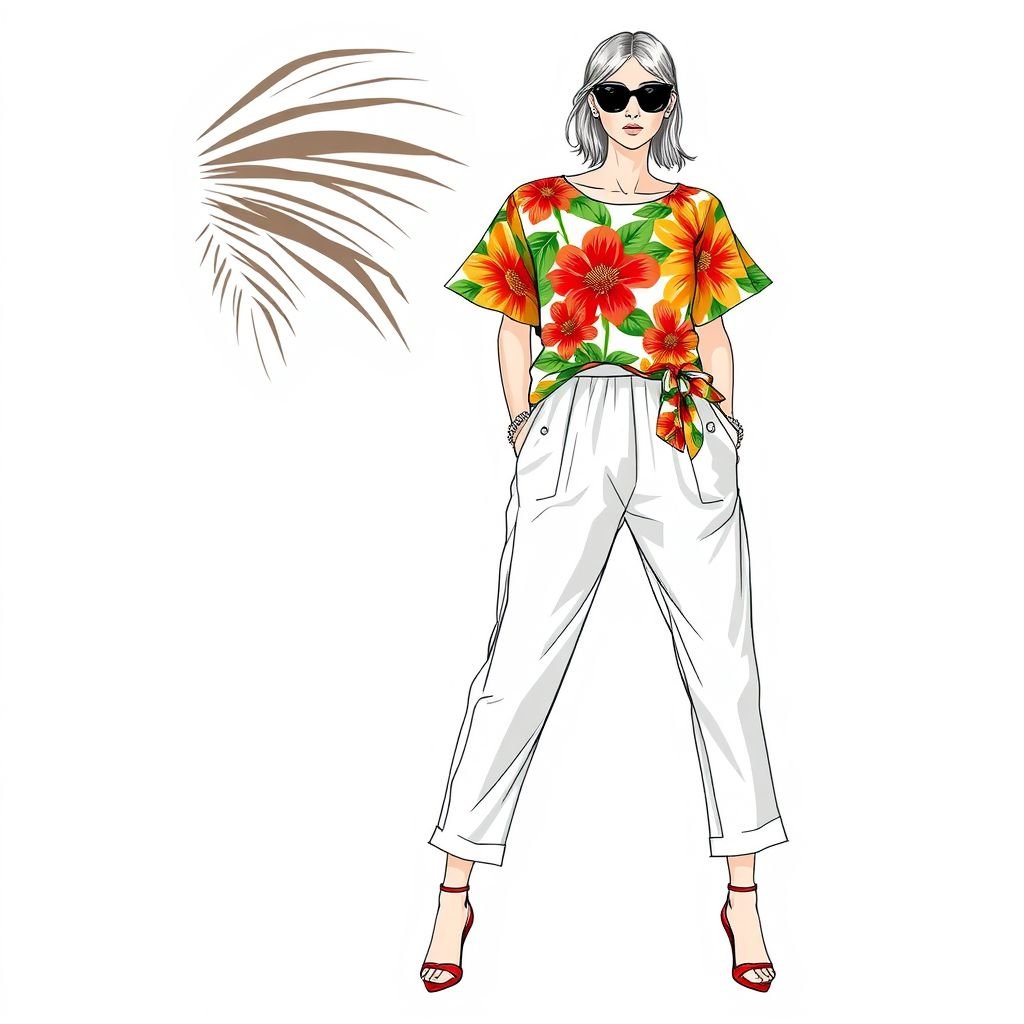 top resort and bottom front and back style Zimmerman
Design a casual fashion ensemble featuring a lively top inspired by a tropical resort theme, showcasing bold floral prints and light, breathable fabric. The bottoms should offer a sleek front and back silhouette, reminiscent of Zimmerman’s elegance, crafted in soft linen with a relaxed fit, perfect for effortless summer strolls.