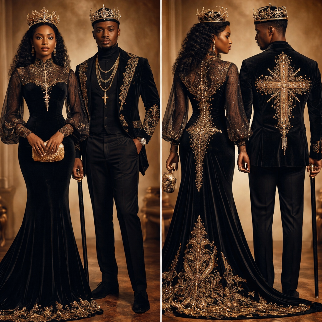 Sophisticated, still rooted in faith, not to revealing, black king and black queen magic
Sophisticated, still rooted in faith, not to revealing, black king and black queen magic, vintage style, show front and back