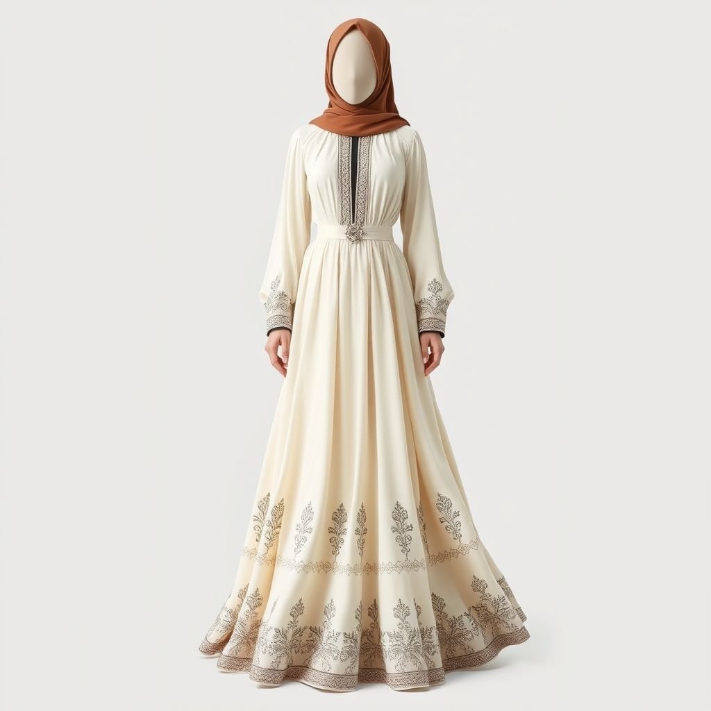 I want a sketch of abaya that looks similar to a dress the design should be calm at the same time eye catching
Design an elegant abaya that resembles a flowing formal evening gown, featuring a high neckline and long, graceful sleeves. Use soft pastel hues for a serene look, adorned with intricate, subtle embroidery along the hem. Integrate a delicate waist belt to enhance silhouette, striking the perfect balance between sophistication and allure.