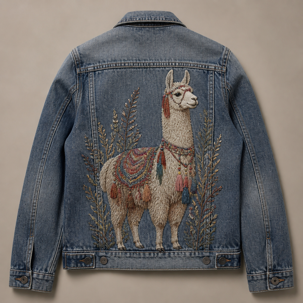 la imagen es de una llama andina y bordado tiene que parecer a mano en la casaca jean. Peru fashion aesthetics.
photorealistic fashion design, la imagen es de una llama andina y bordado tiene que parecer a mano en la casaca jean. Peru fashion aesthetics., just the design no text