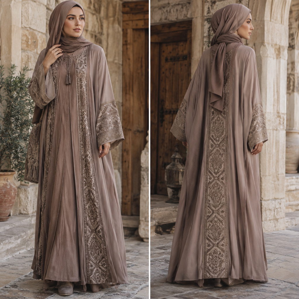A Abaya design, with a light, flowing drape, with modest, full coverage: longer hemlines, higher necklines and covered shoulders, in a Muted & Dusty color palette, in Bohemian style, shown on a model with olive skin and a petite figure. Turkey fashion aesthetics. Present it as professional fashion catalogue photography: the garment is the subject, shown full-length with editorial styling, neutral posing and tasteful, non-suggestive framing.
photorealistic fashion design, A Abaya design, with a light, flowing drape, with modest, full coverage: longer hemlines, higher necklines and covered shoulders, in a Muted & Dusty color palette, in Bohemian style, shown on a model with olive skin and a petite figure. Turkey fashion aesthetics. Present it as professional fashion catalogue photography: the garment is the subject, shown full-length with editorial styling, neutral posing and tasteful, non-suggestive framing., bohemian style, just the design no text