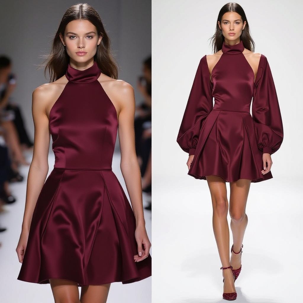A dress that is suitable to wear for an engagement dinner that will stand out in burgundy color
Runway fashion: Burgundy silk mini-dress, A-line silhouette, high neck. Runway fashion.