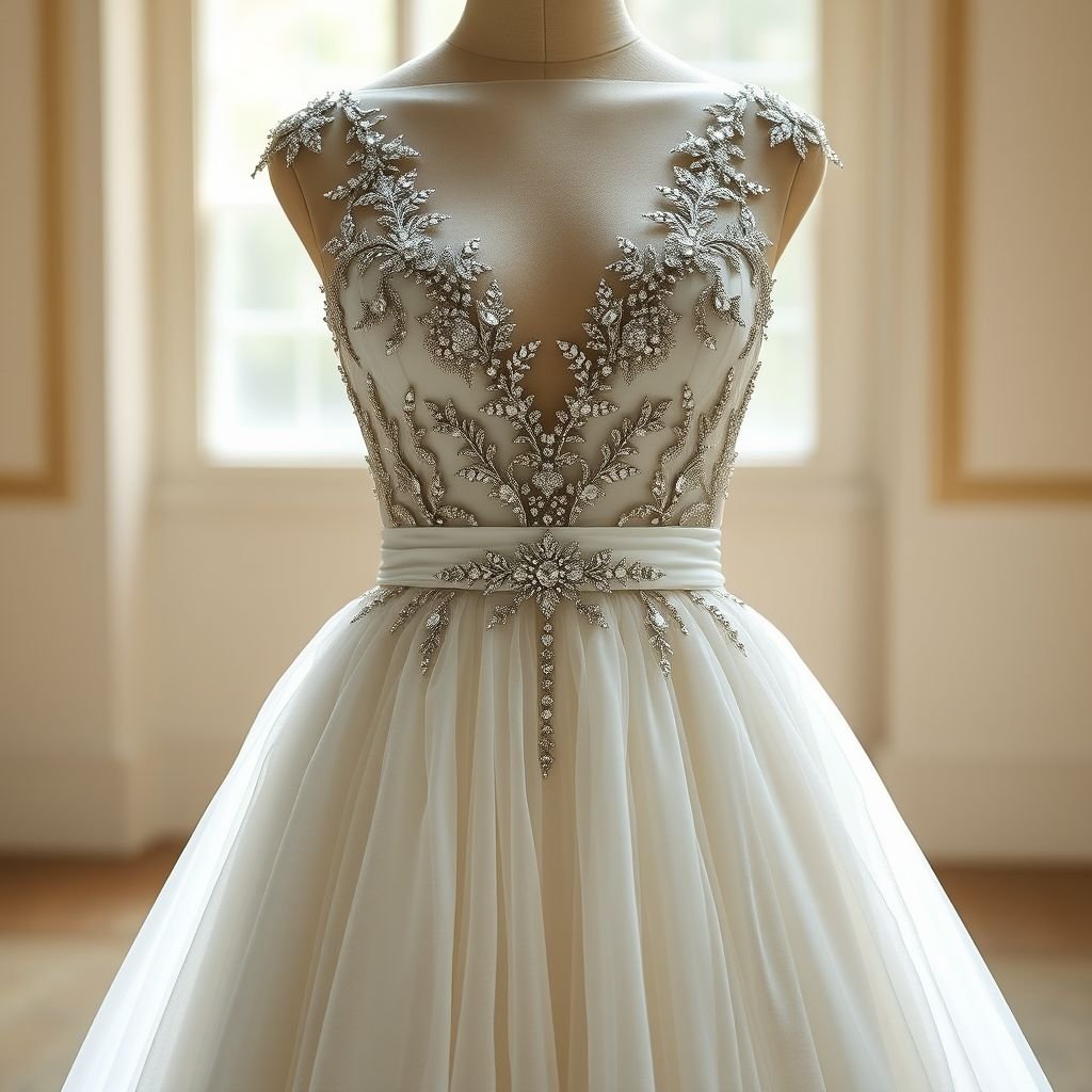 2. Upper Part: • Deep V-shaped neckline starting from the shoulders down to the underbust area. • The neckline is heavily adorned with white crystal embellishments, which are densest at the top and gradually decrease downward. • A thin, sash-like white belt wraps around the waist. 3. Lower Part: • From the waist down, the fabric falls straight, made of very lightly layered and slightly voluminous white tulle or organza. • The volume is minimal, creating a natural and elegant look. • The delicate fabric begins where the crystal embellishments end. 4. Color and Fabric: • The main fabric is white, made of shiny satin or silk. • The crystals or pearls embellishing the neckline and bust are in crystal or pearl tones. • The lower part’s fabric is white, slightly transparent, and has a flowing movement. 5. Details: • The back can be open or feature thin straps. • Sleeves are either absent or very thin straps are preferred. • The crystals used on the neckline and bust area are small and delicate, creating a subtle sparkle without overwhelming the design.
Introducing a breathtaking gown that embodies ethereal elegance, this design features a striking deep V-notch neckline cascading into a subtle underbust. Adorned with intricately arranged crystal embellishments, it highlights a refined sash at the waist. Below, the flowy tulle drapes gracefully, capturing a light, dreamy aesthetic perfect for bridal wear.