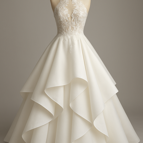 A wedding dress with a crossed over halter neck lace bodice and a large layered a-line bottom with cut pieces layered from the waist. The top half should have a lace design that’s partially sheer
