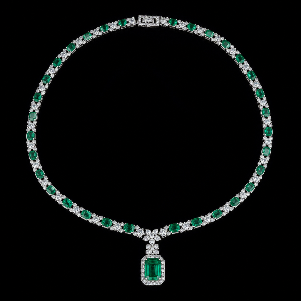 Emerald & Diamond Necklace, Black Background, Product Photo
photorealistic fashion design, Emerald & Diamond Necklace, Black Background, Product Photo, minimalist style, just the design no text