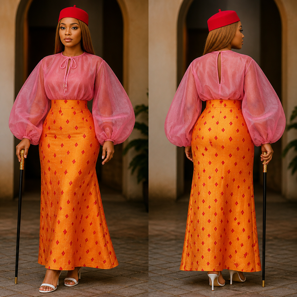Create a skirt design whereby the fabric main colour is orange and yellow mixed together, with a little design of diamond shape colour red scatter all over the skirt, while the top is a fucial pink organdy material, the sleeve is a very full bishop sleeve and the neckline is a round neckline with a rope at the front and a keyhole at the back. Create a model to wear my design wearing a white heels, red cap the kind that Nigerian men use for traditional wedding and she is holding a walking stick like that of a traditional man also in Nigeria, her make up is very light with a tinted gold hair or 8/10 inches bonestraight.. Nigeria fashion aesthetics.
photorealistic fashion design, Create a skirt design whereby the fabric main colour is orange and yellow mixed together, with a little design of diamond shape colour red scatter all over the skirt, while the top is a fucial pink organdy material, the sleeve is a very full bishop sleeve and the neckline is a round neckline with a rope at the front and a keyhole at the back. Create a model to wear my design wearing a white heels, red cap the kind that Nigerian men use for traditional wedding and she is holding a walking stick like that of a traditional man also in Nigeria, her make up is very light with a tinted gold hair or 8/10 inches bonestraight.. Nigeria fashion aesthetics., just the design no text, show front and back