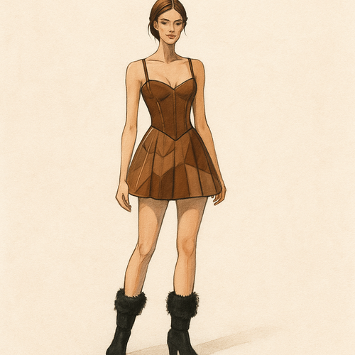 Un corsetería marrón con una falda corta de distintos tonos de marrón que vaya de marrón clarito a marrón oscuro con unos pa tos de líneas abstractas marrones H unas botas negras con pelos
