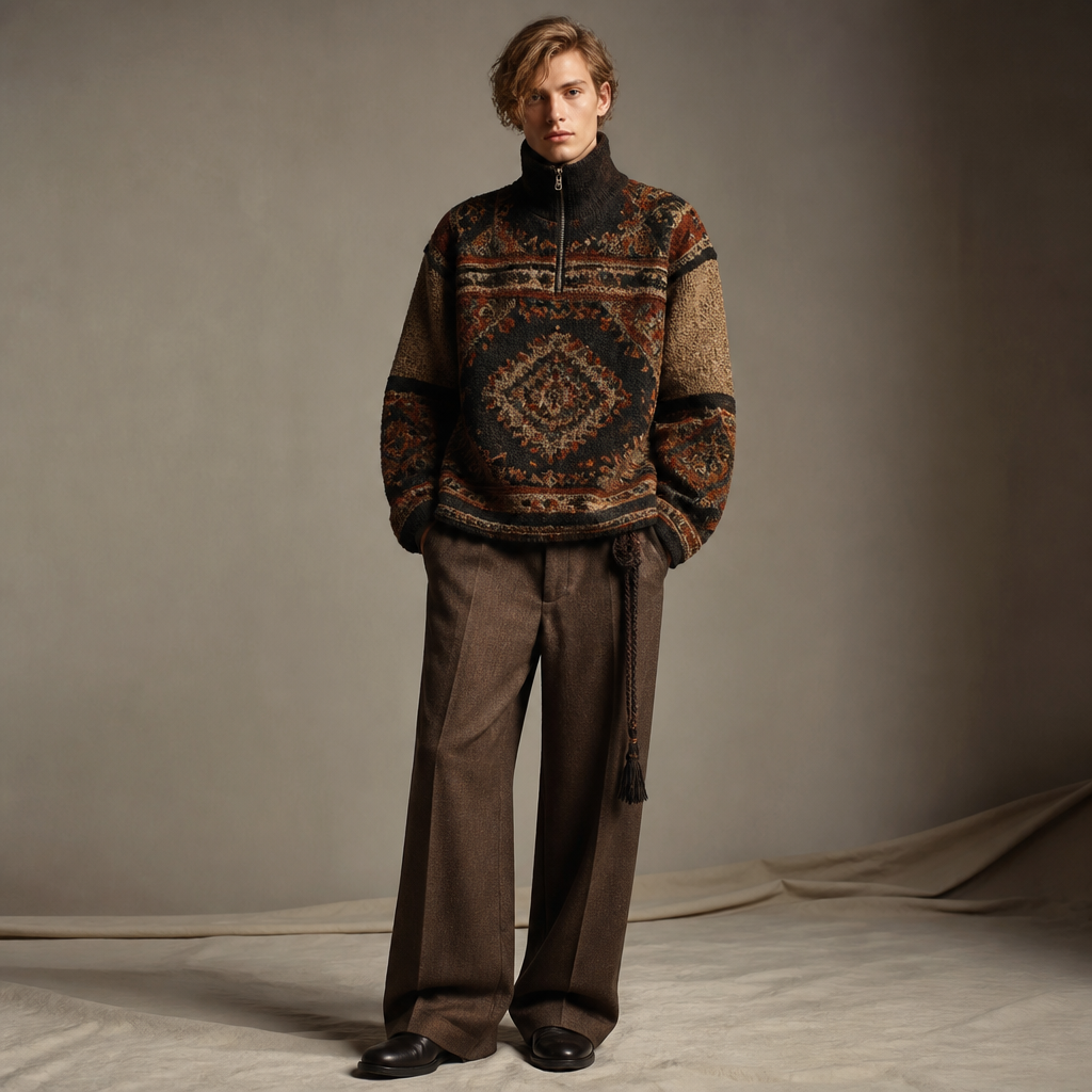 A Male Dress design, suitable for Fall, in Bohemian style. нарисуй жакет-водолазку с воротником на молнии. вариант на осень-зима. Russia fashion aesthetics. Present it as professional fashion catalogue photography: the garment is the subject, shown full-length with editorial styling, neutral posing and tasteful, non-suggestive framing.
photorealistic fashion design, A Male Dress design, suitable for Fall, in Bohemian style. нарисуй жакет-водолазку с воротником на молнии. вариант на осень-зима. Russia fashion aesthetics. Present it as professional fashion catalogue photography: the garment is the subject, shown full-length with editorial styling, neutral posing and tasteful, non-suggestive framing., bohemian style, just the design no text