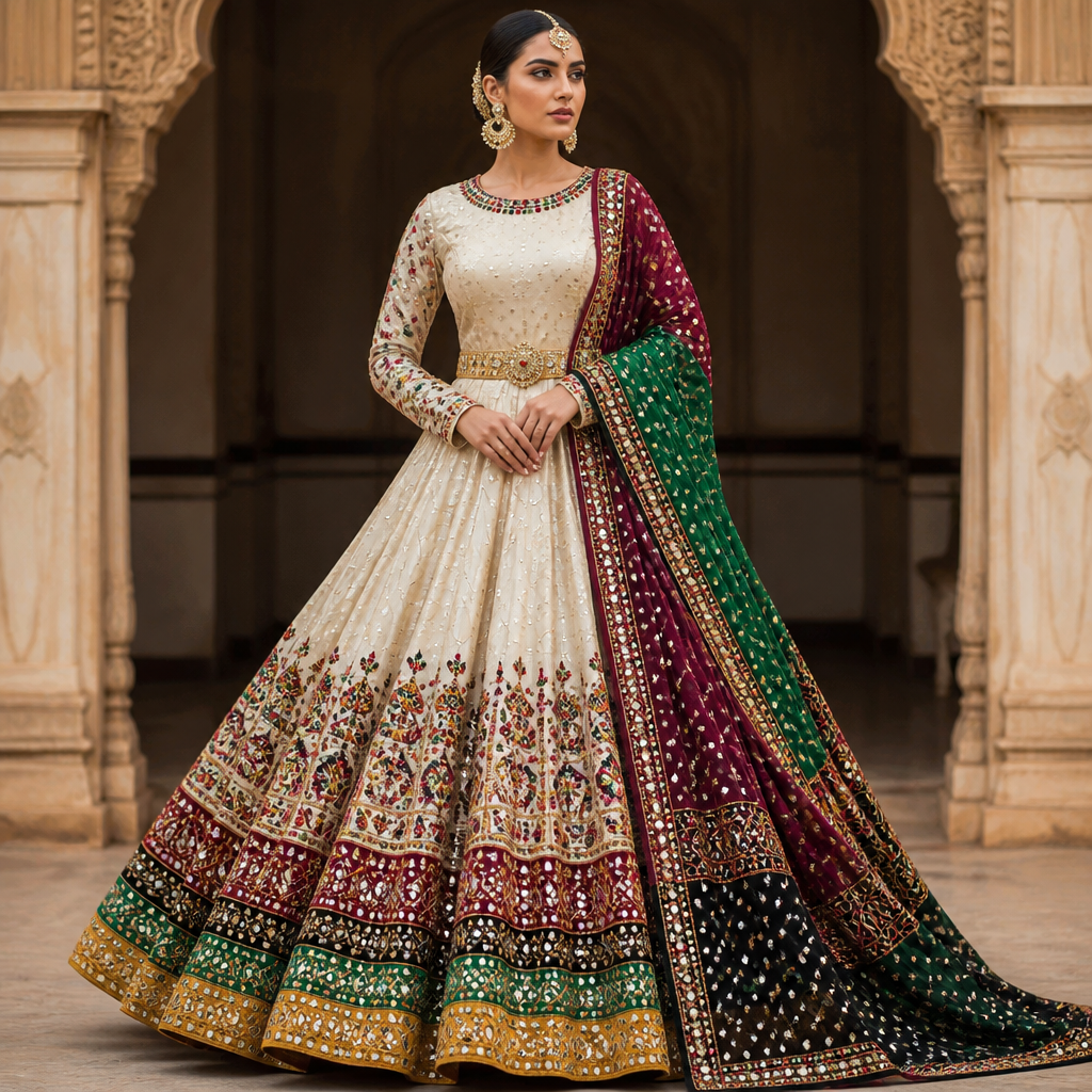 photorealistic fashion design, photorealistic fashion design, photorealistic fashion design, photorealistic fashion design, photorealistic fashion design, Ivory colour raw silk Anarkali with full sleeves..give mustard yellow brocade border of 3 inches at the bottom of the anarkali and above it bright green mirror work border of 5 inches and above it black katha work border of 2 inches and above it bright reddish maroon border with katha work of 7 inches...Give a heavy flare to the anarkali and sleeves should have full mirror work only in the colours of the borders used at the bottom of the anarkali...and the entire outfit should be well fitted and give stylish fit to the bust area. Design with modest coverage., just the design no text. Refinement: In this same outfit give thick rajasthani folk embroidery of about 10 inches above the maroon border...and change the neckline to wide round shape , just the design no text. Refinement: In this same outfit change the neckline to boat neck and give 1 bright reddish maroon thin border of full mirror work on the entire neckline followed by black full mirror work thin border and then thin bright green mirror border, just the design no text. Refinement: Give round neck instead of boat, just the design no text. Refinement: In this same outfit give full katha mirror work Dupatta in the colours used in the border and the dupatta should be held by a dark golden stones belt on the waist, just the design no text. Refinement: No...the dupatta should be in maroon green and black with katha mirror work embroidery and also the belt should be of more high quality luxurious big golden stones
photorealistic fashion design, photorealistic fashion design, photorealistic fashion design, photorealistic fashion design, photorealistic fashion design, photorealistic fashion design, Ivory colour raw silk Anarkali with full sleeves..give mustard yellow brocade border of 3 inches at the bottom of the anarkali and above it bright green mirror work border of 5 inches and above it black katha work border of 2 inches and above it bright reddish maroon border with katha work of 7 inches...Give a heavy flare to the anarkali and sleeves should have full mirror work only in the colours of the borders used at the bottom of the anarkali...and the entire outfit should be well fitted and give stylish fit to the bust area. Design with modest coverage., just the design no text. Refinement: In this same outfit give thick rajasthani folk embroidery of about 10 inches above the maroon border...and change the neckline to wide round shape , just the design no text. Refinement: In this same outfit change the neckline to boat neck and give 1 bright reddish maroon thin border of full mirror work on the entire neckline followed by black full mirror work thin border and then thin bright green mirror border, just the design no text. Refinement: Give round neck instead of boat, just the design no text. Refinement: In this same outfit give full katha mirror work Dupatta in the colours used in the border and the dupatta should be held by a dark golden stones belt on the waist, just the design no text. Refinement: No...the dupatta should be in maroon green and black with katha mirror work embroidery and also the belt should be of more high quality luxurious big golden stones, just the design no text