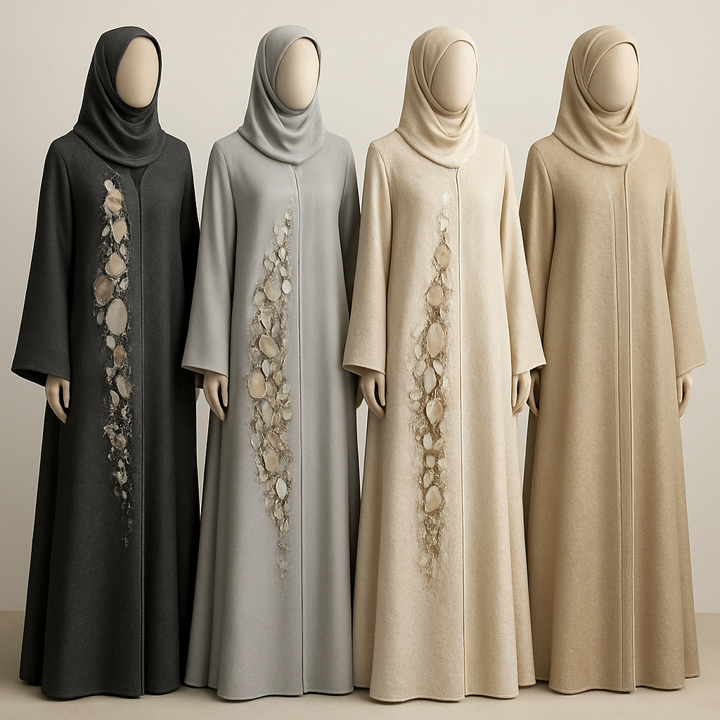 Create a modest abaya that's the first of its kind, featuring a unique stone design that exudes a classy and sophisticated vibe. I'd like four designs, each showcasing different styles and fabrics.
Incorporate high-end, unique chic stone designs to make them truly special. Add a little sophisticated stone work to it.

Create a modest abaya that's the first of its kind, featuring a unique stone design that exudes a classy and sophisticated vibe. I'd like four designs, each showcasing different styles and fabrics.
Incorporate high-end, unique chic stone designs to make them truly special. Add a little sophisticated stone work to it.