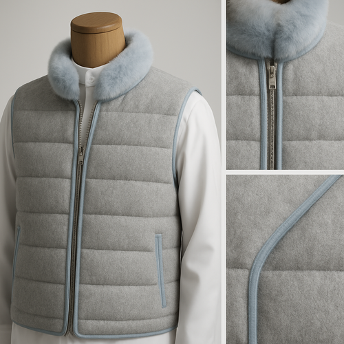 
Photoreal studio photograph of a premium wooden mannequin dressed in a pristine traditional Saudi thobe, an original vest inspired by contemporary luxury designs (explicitly not an exact replica). The vest’s main body is a soft light‑gray cashmere‑like felt, trimmed with delicate sky‑blue piping and finished with a light sky‑blue fur collar; a centered exposed brushed‑silver metal zipper runs the full length and is intentionally visible. The quilting is composed of horizontal baffles—puffs running across the garment rather than vertical channels—creating a structured, tactile silhouette; highlight the rich texture of the felt, the plush fur, the matte sheen of the quilting side, the precise stitching, and the high‑quality zipper hardware. Use soft, even studio lighting against a neutral pale‑gray or white background, cinematic ultra‑detailed photorealism at high resolution, include a half‑length shot plus close‑ups of the zipper, collar/fur, piping, and horizontal quilting. Avoid text, logos, watermarks, extra accessories, background clutter, oversaturated colors, and any direct brand replication.