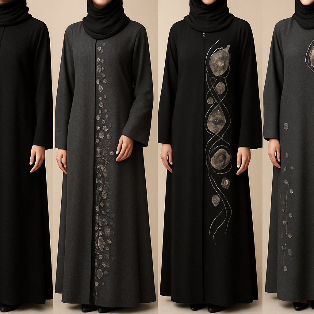 Create a modest abaya that's the first of its kind, featuring a unique stone design that exudes a classy and sophisticated vibe. I'd like four designs, each showcasing different styles and fabrics.
Incorporate high-end, unique chic stone designs to make them truly special. Add a little sophisticated stone work to it.

Create a modest abaya that's the first of its kind, featuring a unique stone design that exudes a classy and sophisticated vibe. I'd like four designs, each showcasing different styles and fabrics.
Incorporate high-end, unique chic stone designs to make them truly special. Add a little sophisticated stone work to it.