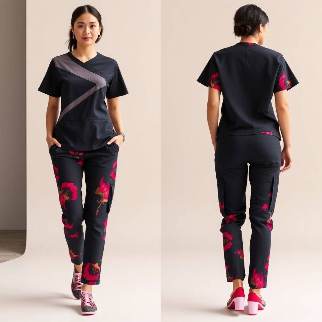 Fashion forward with functionality scrub set
Introducing a sleek, fashion-forward scrub set that harmonizes style with functionality. Crafted from breathable, eco-friendly fabric, the top features asymmetric cuts and mesh panels for ventilation, while the pants boast tailored jogger silhouettes with deep pockets. Bold, geometric prints in vibrant colors make the wearer stand out while maintaining maximum comfort.