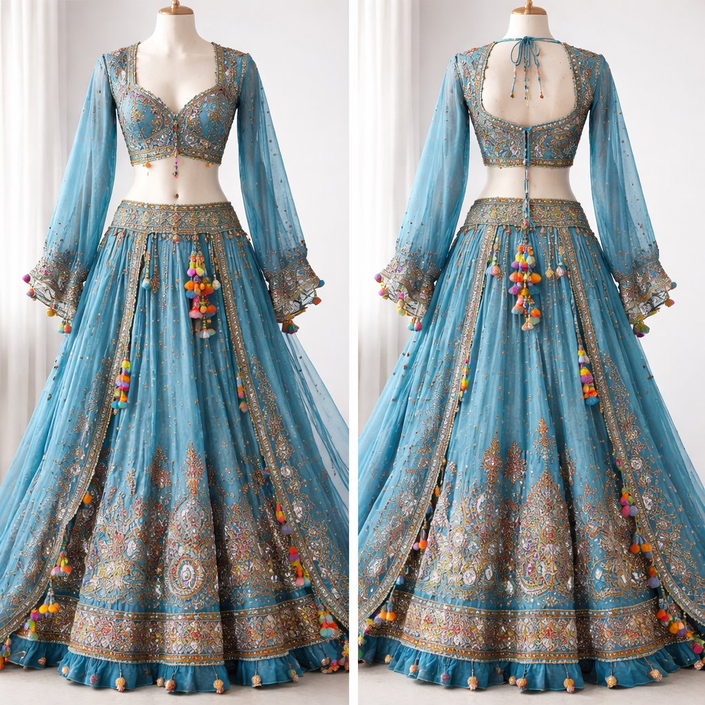 Create Indian lahenga blouse outfit
With blue colour
Create Indian lahenga blouse outfit
With blue colour , bohemian style, show front and back
